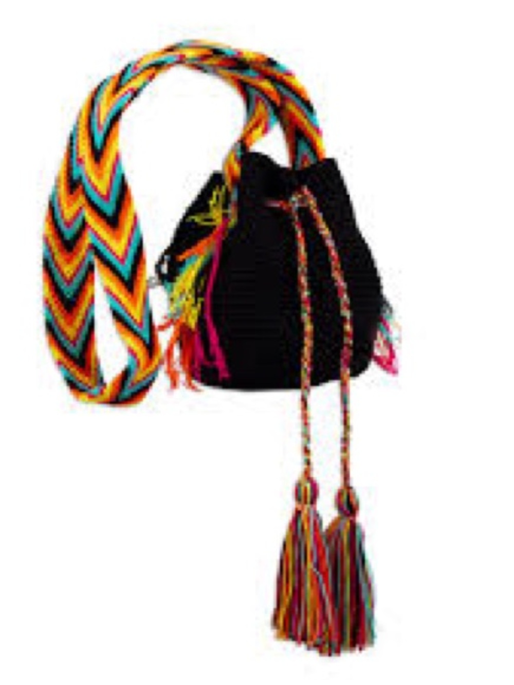 Wayuu Black Bucket Crossbody Bag with Multicolor Tassel Strap